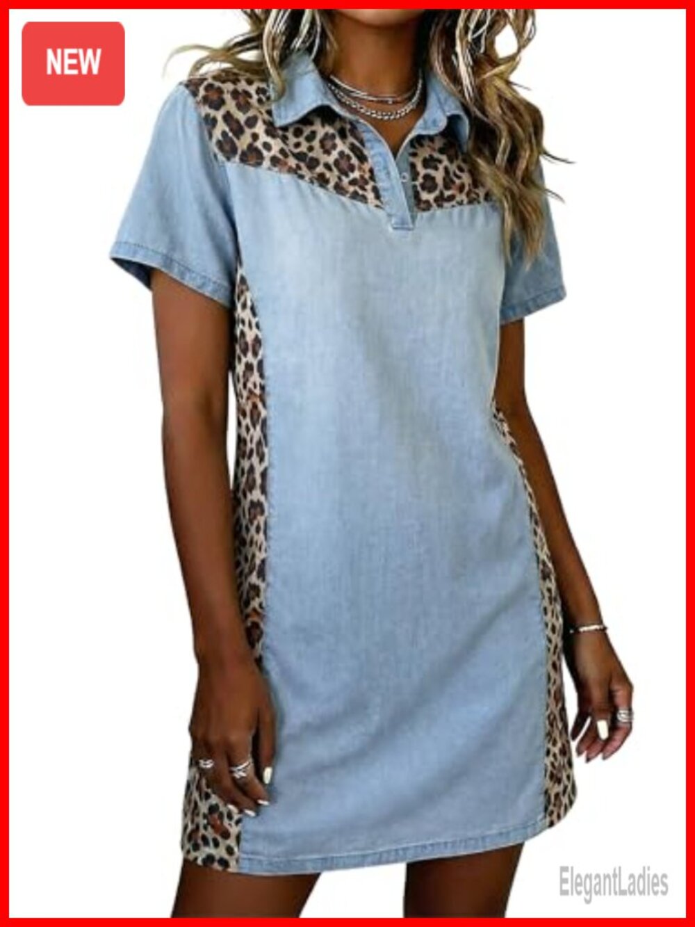 Patchwork Denim Polo T-Shirt Dress Button Down Short Sleeve Summer